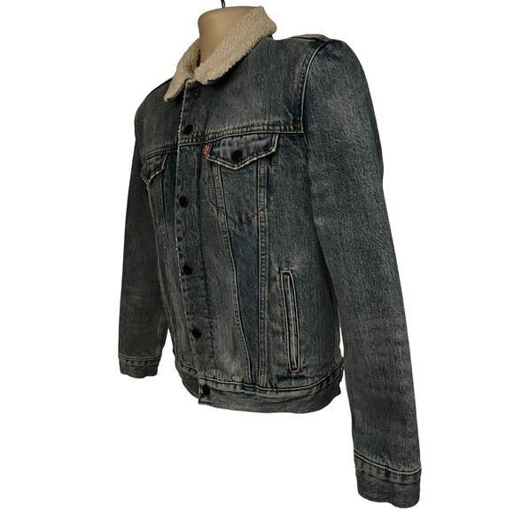 Levis Relaxed Denim Sherpa Lined Snap Mens Trucker Jacket Medium Flap Pockets - Picture 4 of 10